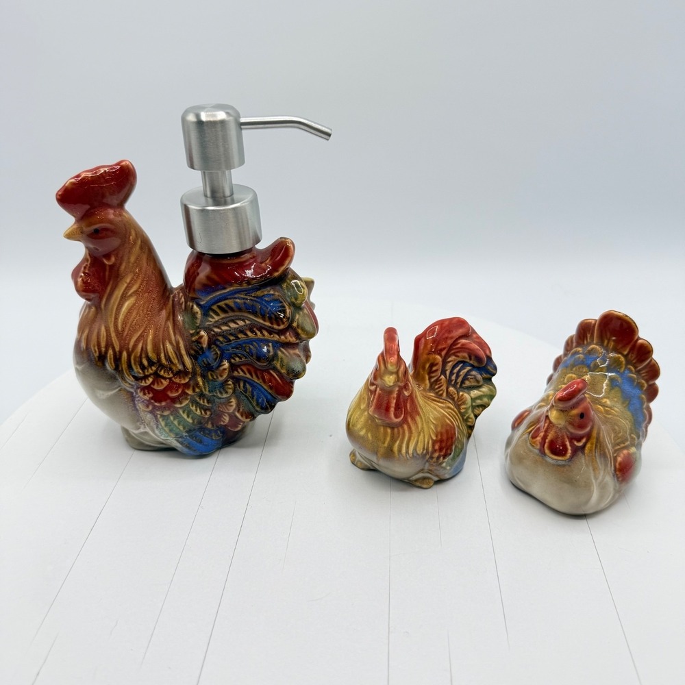 VTG Rooster Lotion/Soap Pump Bottle Ceramic Figurine,  Salt Pepper Shaker Hen